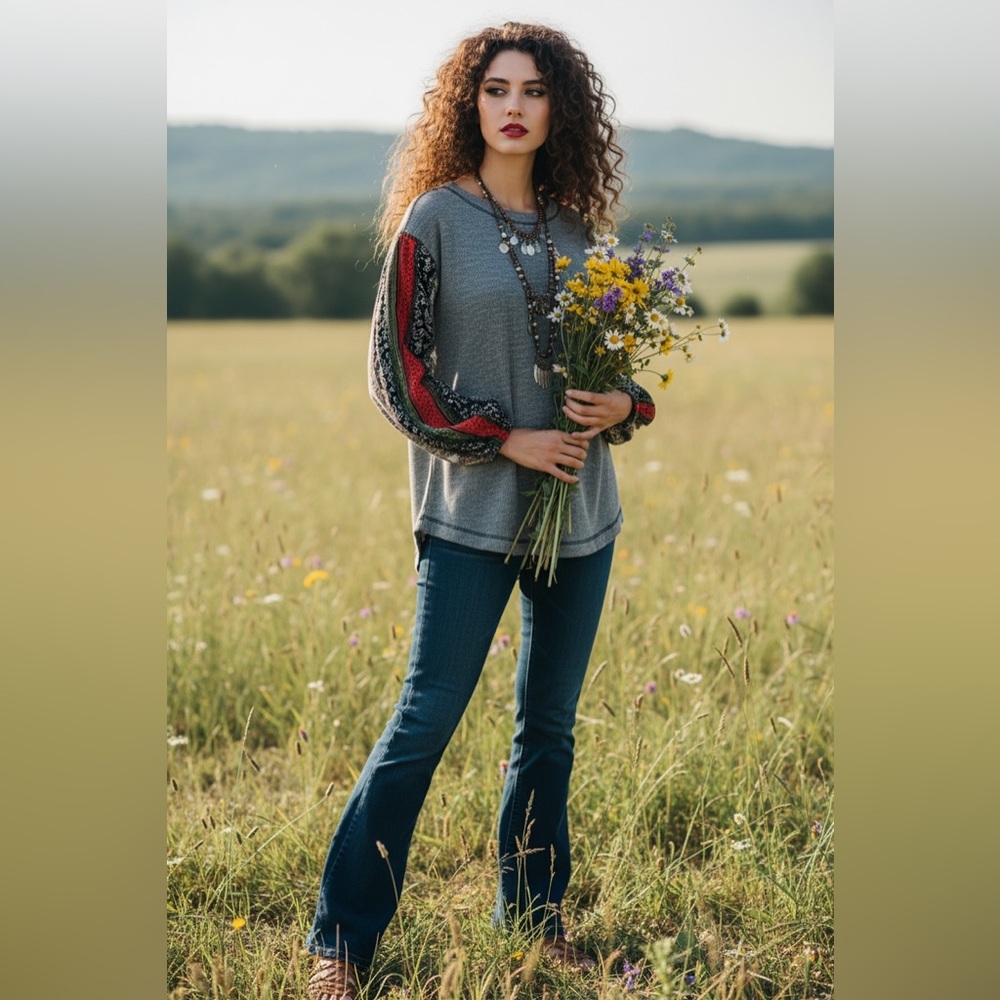 Hannah Boho Mixed Print Sleeve Top Gray Ribbed Knit Paisley Small